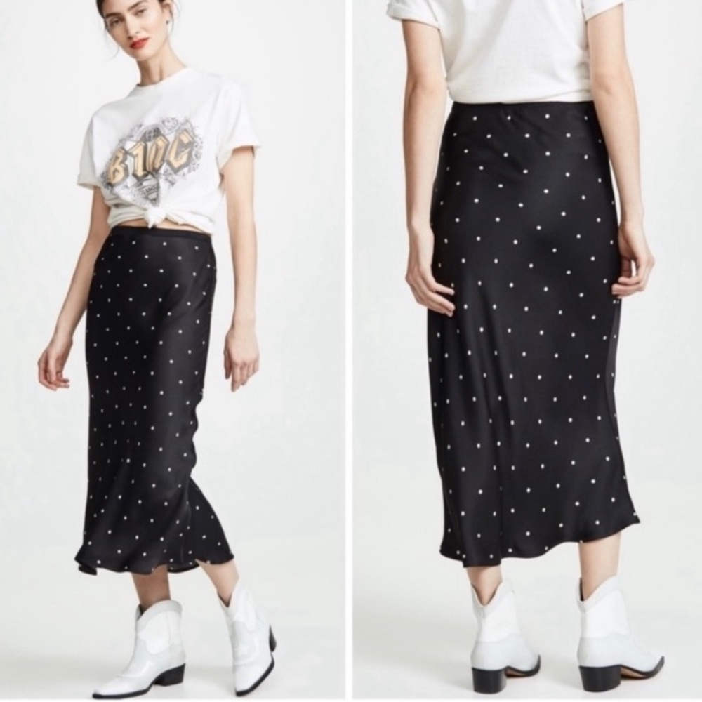 Anine Bing Bar Silk Midi Skirt Black with White Polka Dot Print Size M